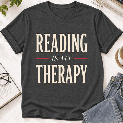 Reading Is My Therapy Ultra-Soft V-Neck | Cozy Book Lover Gift Dark Grey Heather