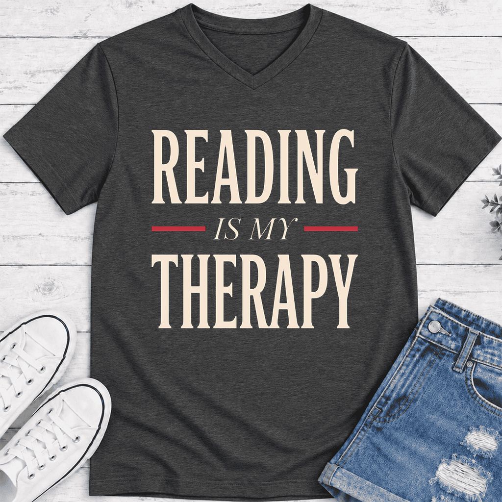 Reading Is My Therapy Ultra-Soft V-Neck | Cozy Book Lover Gift Dark Grey Heather