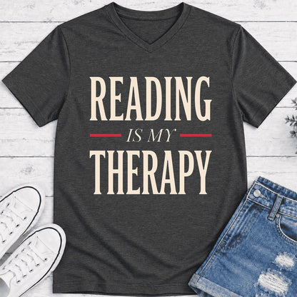 Reading Is My Therapy Ultra-Soft V-Neck | Cozy Book Lover Gift Dark Grey Heather