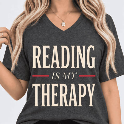 Reading Is My Therapy Ultra-Soft V-Neck | Cozy Book Lover Gift Dark Grey Heather