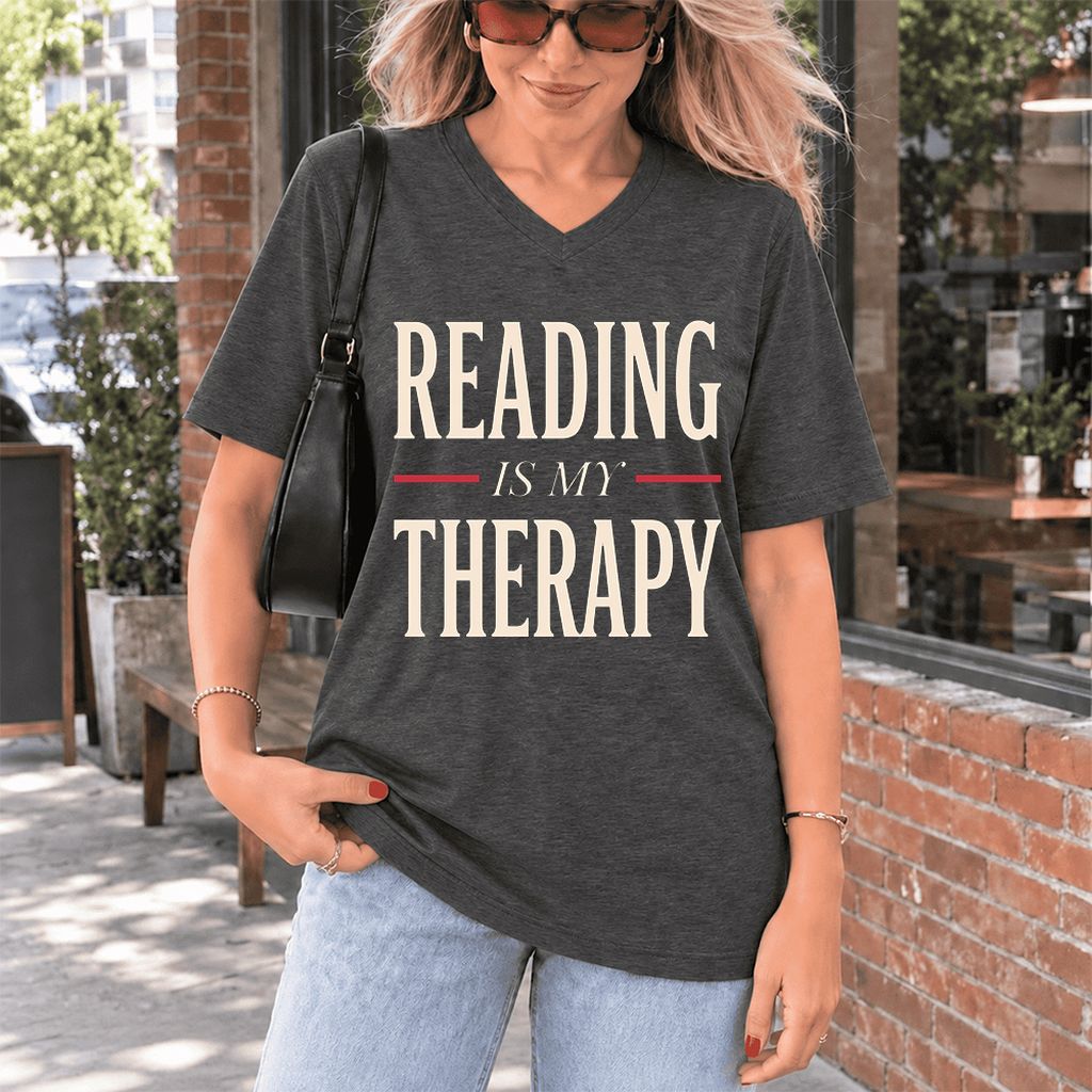 Reading Is My Therapy Ultra-Soft V-Neck | Cozy Book Lover Gift Dark Grey Heather