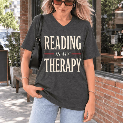 Reading Is My Therapy Ultra-Soft V-Neck | Cozy Book Lover Gift Dark Grey Heather