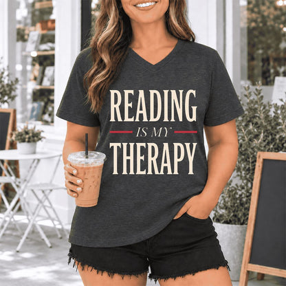 Reading Is My Therapy Ultra-Soft V-Neck | Cozy Book Lover Gift Dark Grey Heather