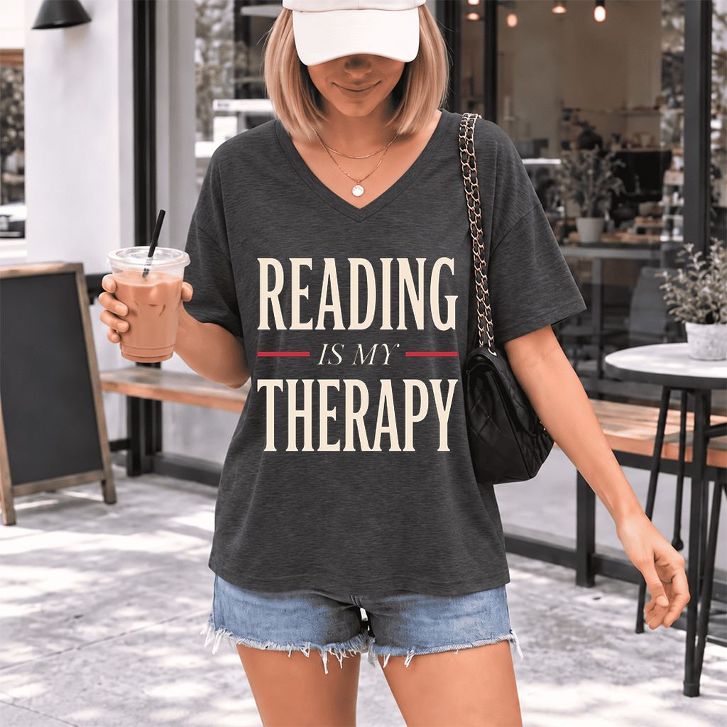 Reading Is My Therapy Ultra-Soft V-Neck | Cozy Book Lover Gift Dark Grey Heather