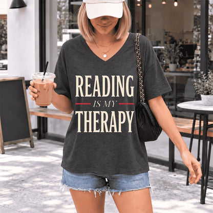 Reading Is My Therapy Ultra-Soft V-Neck | Cozy Book Lover Gift Dark Grey Heather