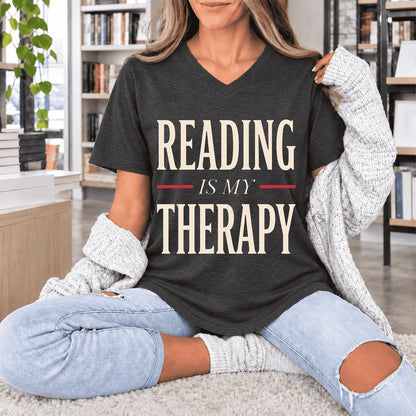 Reading Is My Therapy Ultra-Soft V-Neck | Cozy Book Lover Gift Dark Grey Heather