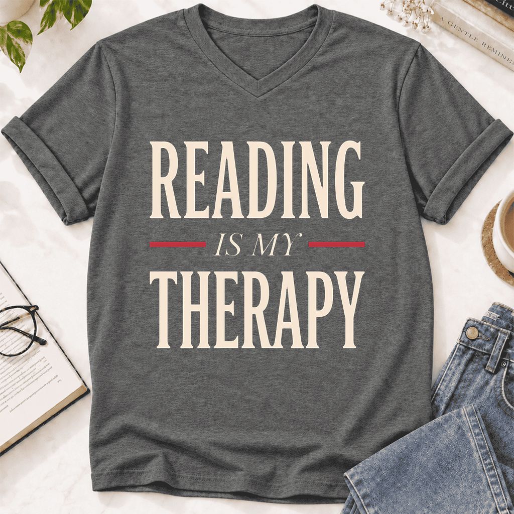 Reading Is My Therapy Ultra-Soft V-Neck | Cozy Book Lover Gift Deep Heather