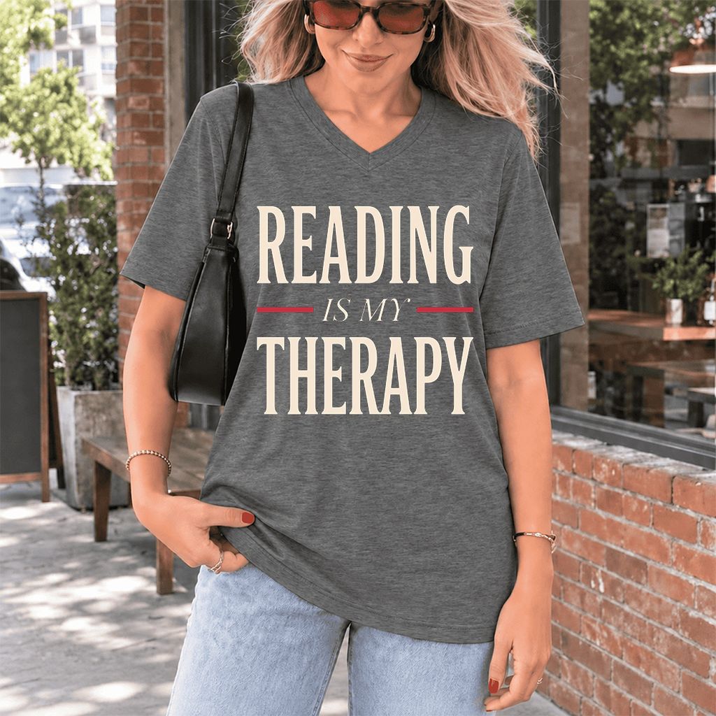 Reading Is My Therapy Ultra-Soft V-Neck | Cozy Book Lover Gift Deep Heather