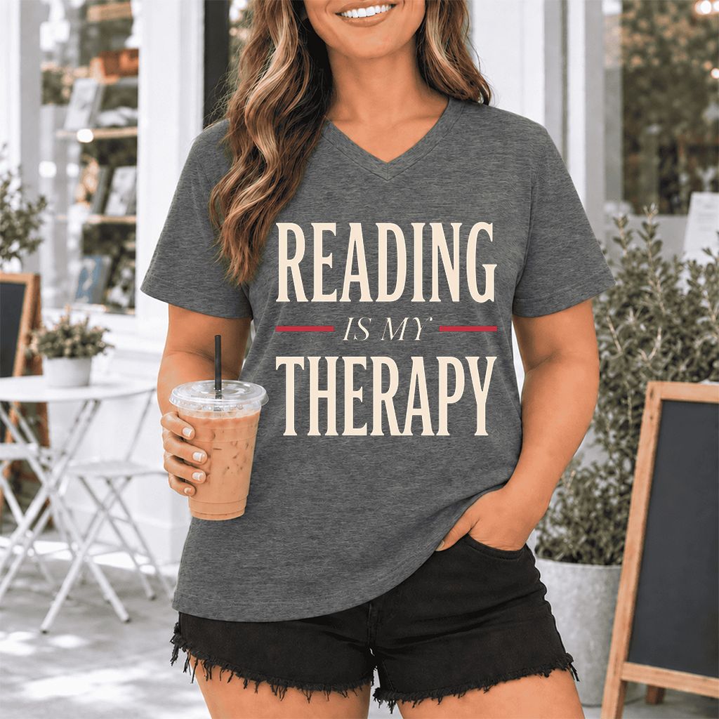 Reading Is My Therapy Ultra-Soft V-Neck | Cozy Book Lover Gift Deep Heather