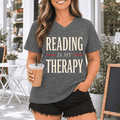 Reading Is My Therapy Ultra-Soft V-Neck | Cozy Book Lover Gift Deep Heather