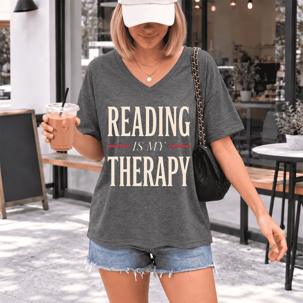 Reading Is My Therapy Ultra-Soft V-Neck | Cozy Book Lover Gift Deep Heather