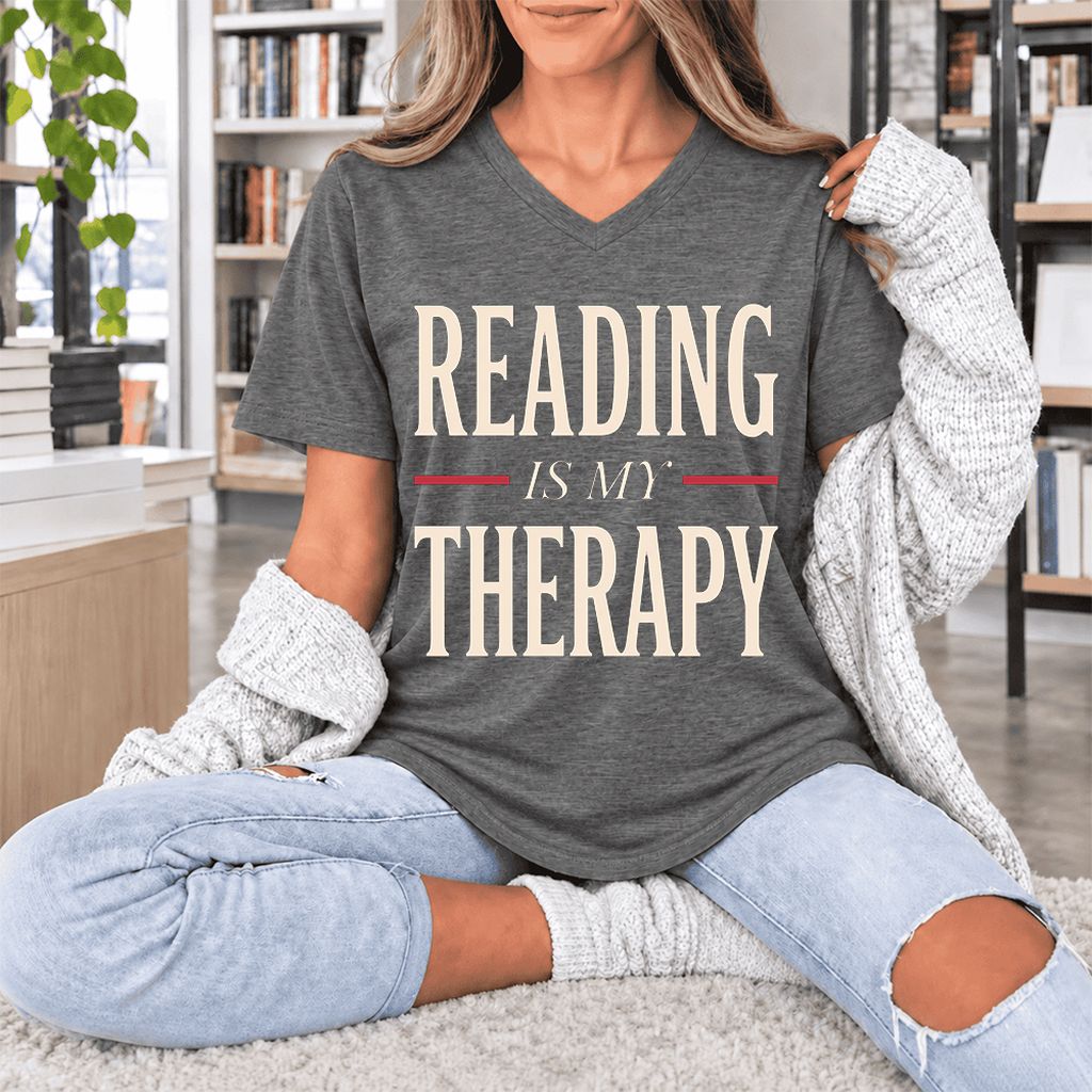 Reading Is My Therapy Ultra-Soft V-Neck | Cozy Book Lover Gift Deep Heather