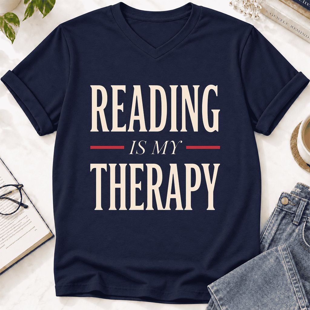 Reading Is My Therapy Ultra-Soft V-Neck | Cozy Book Lover Gift Navy