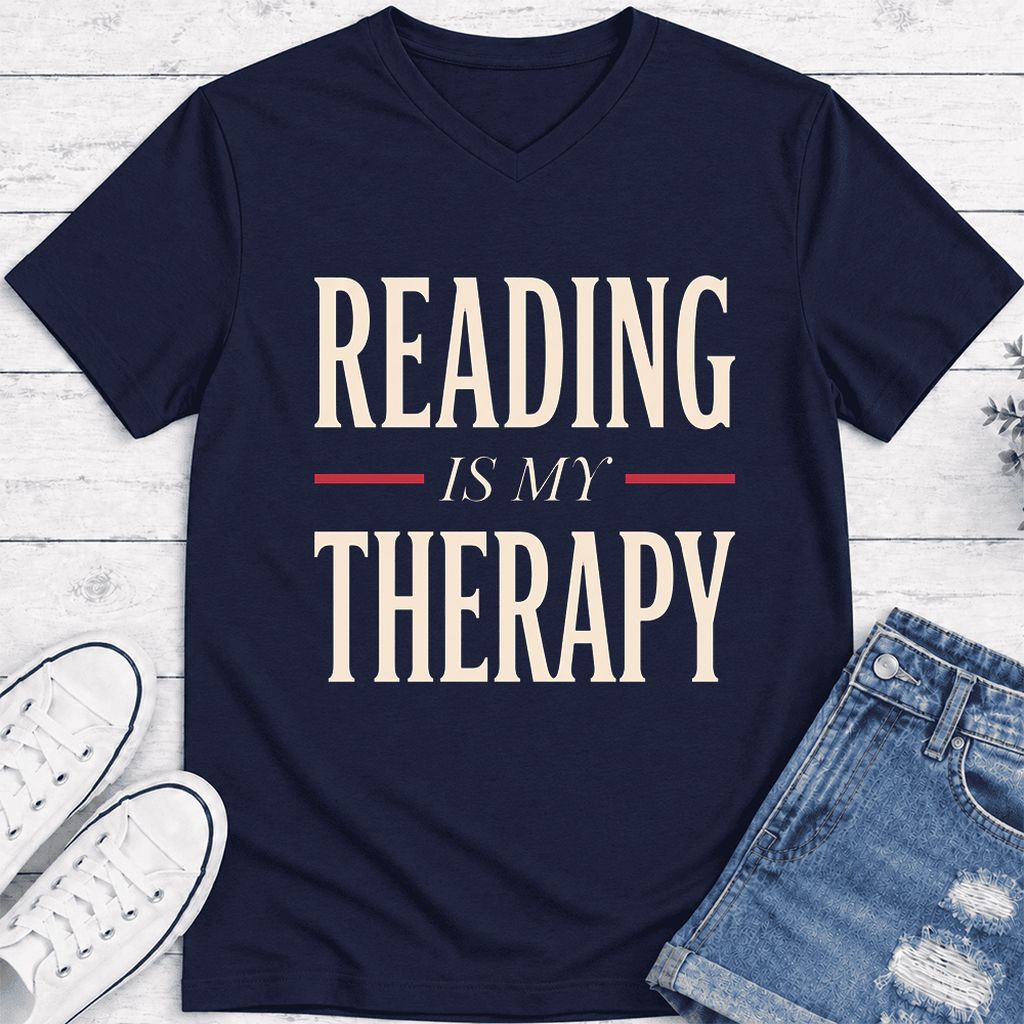 Reading Is My Therapy Ultra-Soft V-Neck | Cozy Book Lover Gift Navy