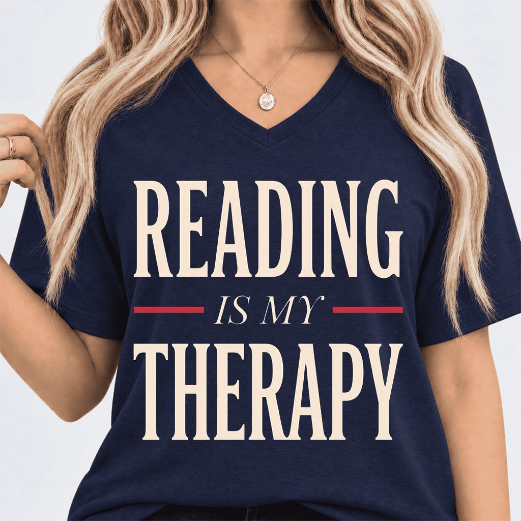 Reading Is My Therapy Ultra-Soft V-Neck | Cozy Book Lover Gift Navy