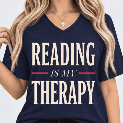 Reading Is My Therapy Ultra-Soft V-Neck | Cozy Book Lover Gift Navy