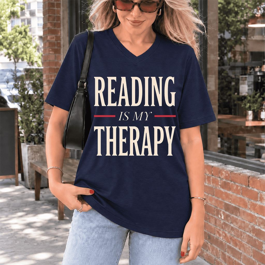 Reading Is My Therapy Ultra-Soft V-Neck | Cozy Book Lover Gift Navy