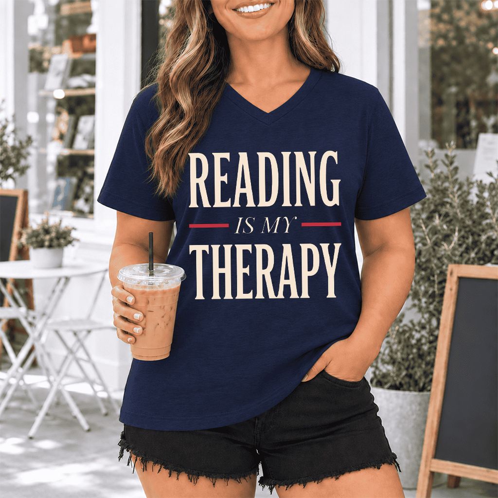 Reading Is My Therapy Ultra-Soft V-Neck | Cozy Book Lover Gift Navy