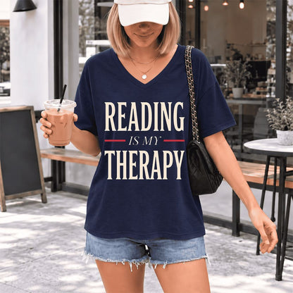 Reading Is My Therapy Ultra-Soft V-Neck | Cozy Book Lover Gift Navy