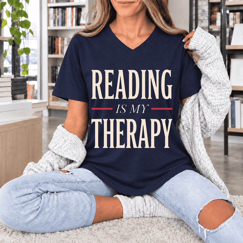 Reading Is My Therapy Ultra-Soft V-Neck | Cozy Book Lover Gift Navy