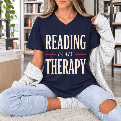 Reading Is My Therapy Ultra-Soft V-Neck | Cozy Book Lover Gift Navy