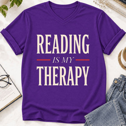 Reading Is My Therapy Ultra-Soft V-Neck | Cozy Book Lover Gift Team Purple