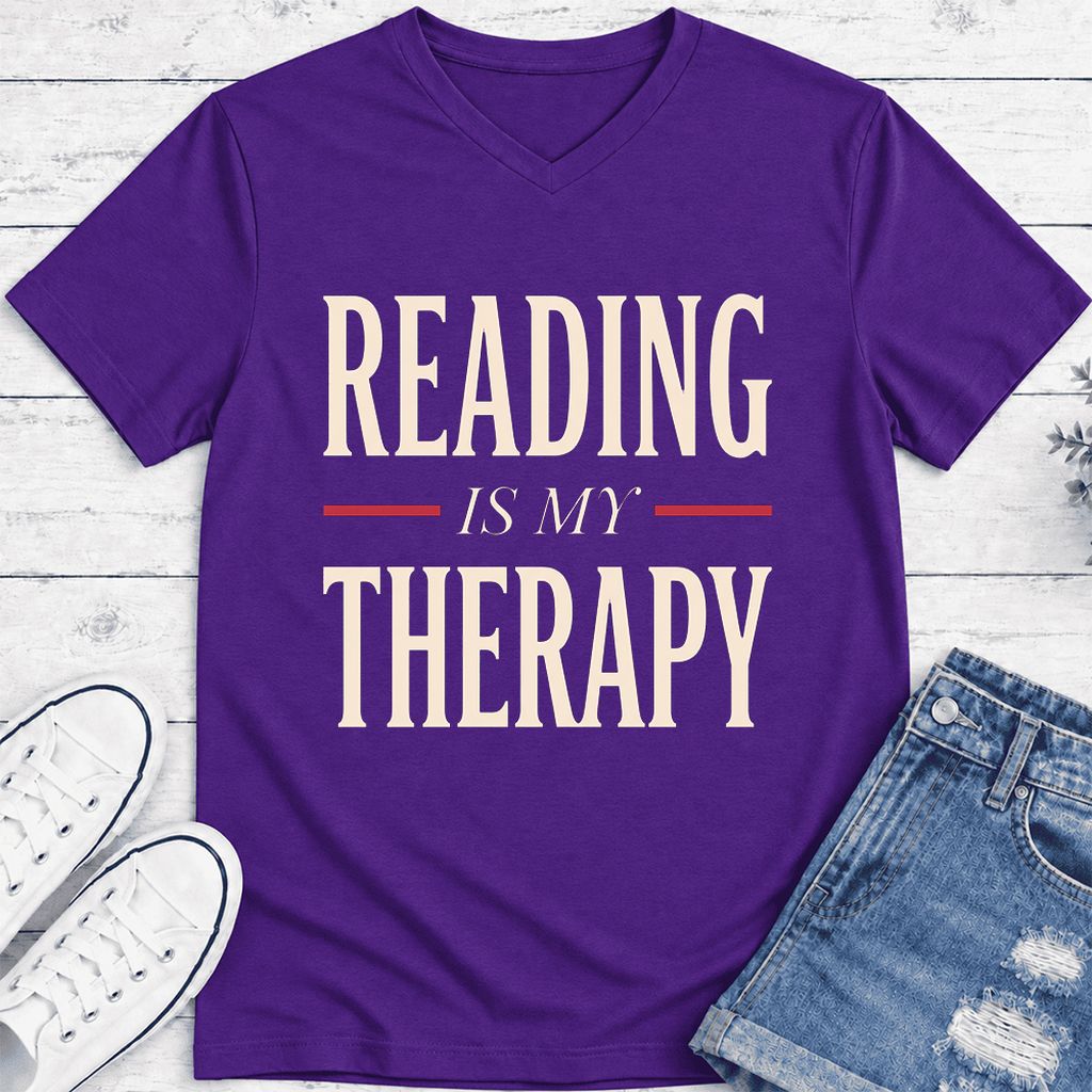 Reading Is My Therapy Ultra-Soft V-Neck | Cozy Book Lover Gift Team Purple