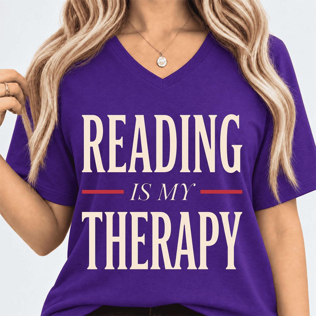 Reading Is My Therapy Ultra-Soft V-Neck | Cozy Book Lover Gift Team Purple