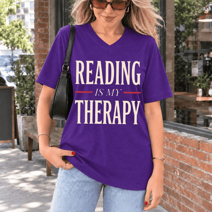 Reading Is My Therapy Ultra-Soft V-Neck | Cozy Book Lover Gift Team Purple