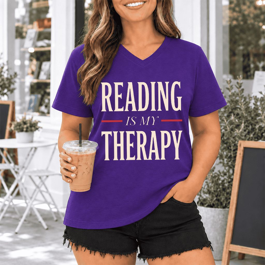 Reading Is My Therapy Ultra-Soft V-Neck | Cozy Book Lover Gift Team Purple