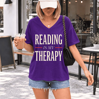 Reading Is My Therapy Ultra-Soft V-Neck | Cozy Book Lover Gift Team Purple