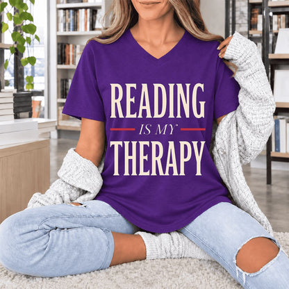 Reading Is My Therapy Ultra-Soft V-Neck | Cozy Book Lover Gift Team Purple