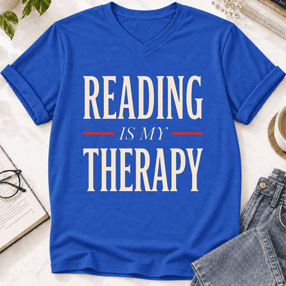 Reading Is My Therapy Ultra-Soft V-Neck | Cozy Book Lover Gift True Royal