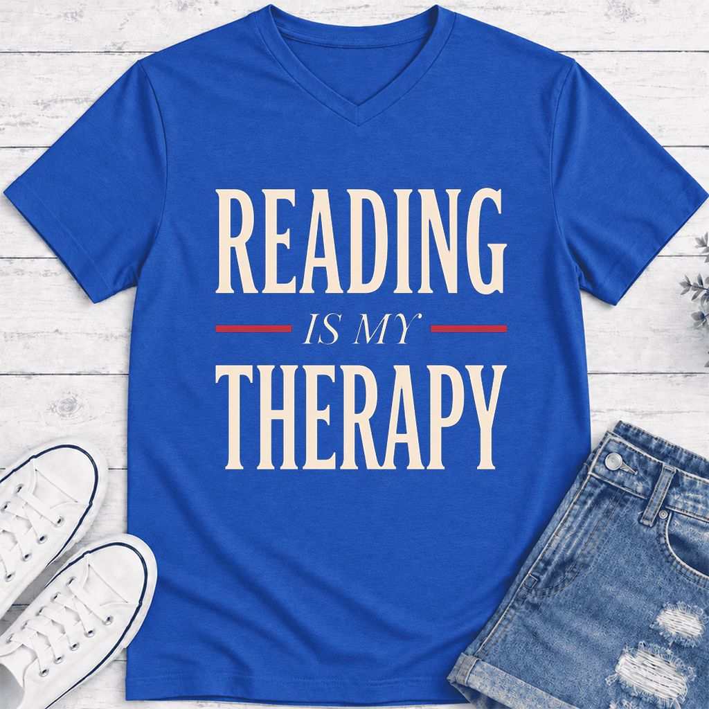 Reading Is My Therapy Ultra-Soft V-Neck | Cozy Book Lover Gift True Royal