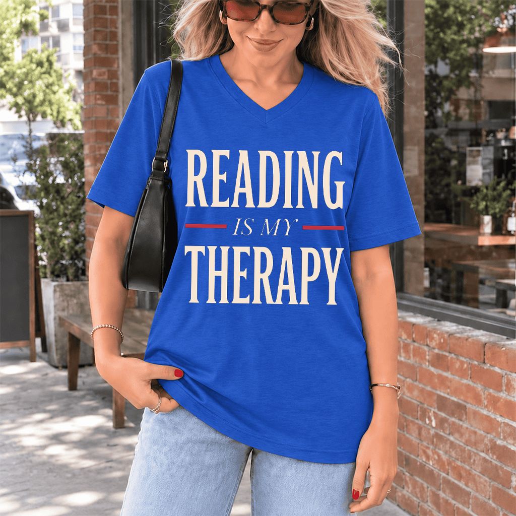 Reading Is My Therapy Ultra-Soft V-Neck | Cozy Book Lover Gift True Royal