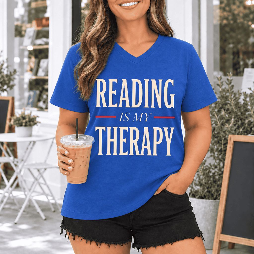 Reading Is My Therapy Ultra-Soft V-Neck | Cozy Book Lover Gift True Royal