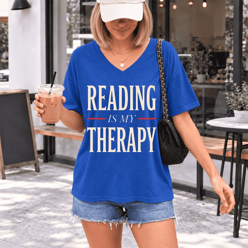 Reading Is My Therapy Ultra-Soft V-Neck | Cozy Book Lover Gift True Royal
