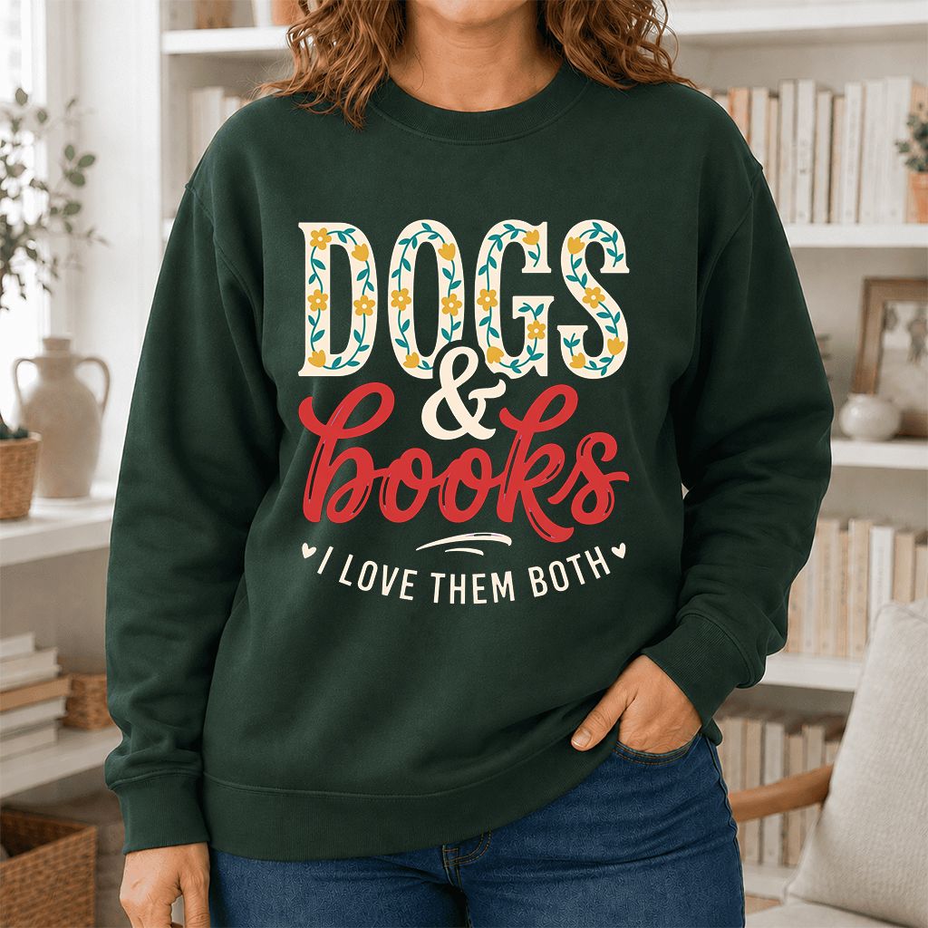 Dogs & Books I Love Them Both Printed Sweatshirt | Dog Mom Reader Gift Forest Green