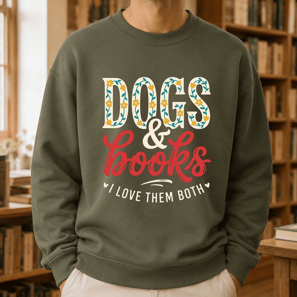 Dogs & Books I Love Them Both Printed Sweatshirt | Dog Mom Reader Gift Military Green
