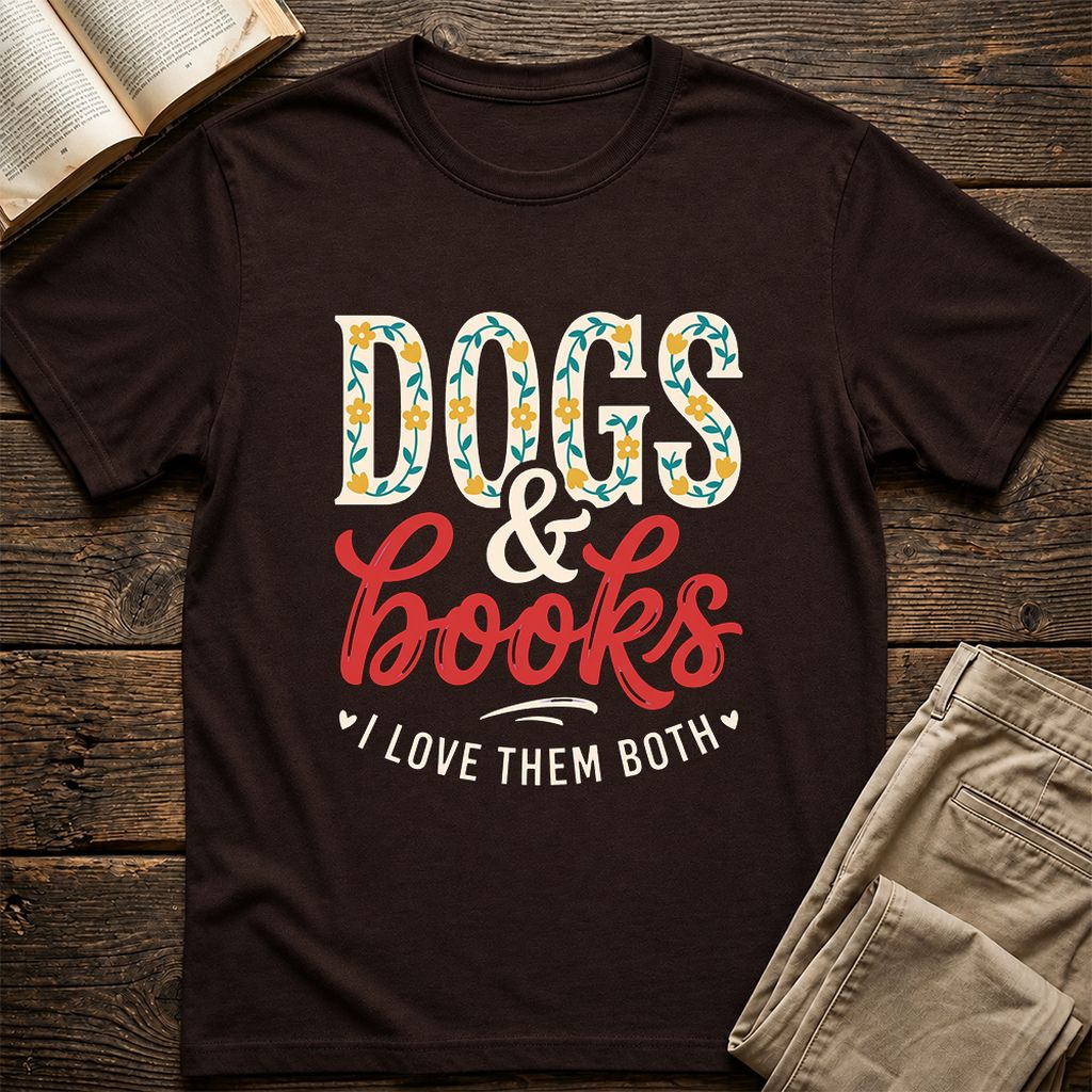 Dogs & Books I Love Them Both Printed T-Shirt | Dog Mom Reader Gift Dark Chocolate