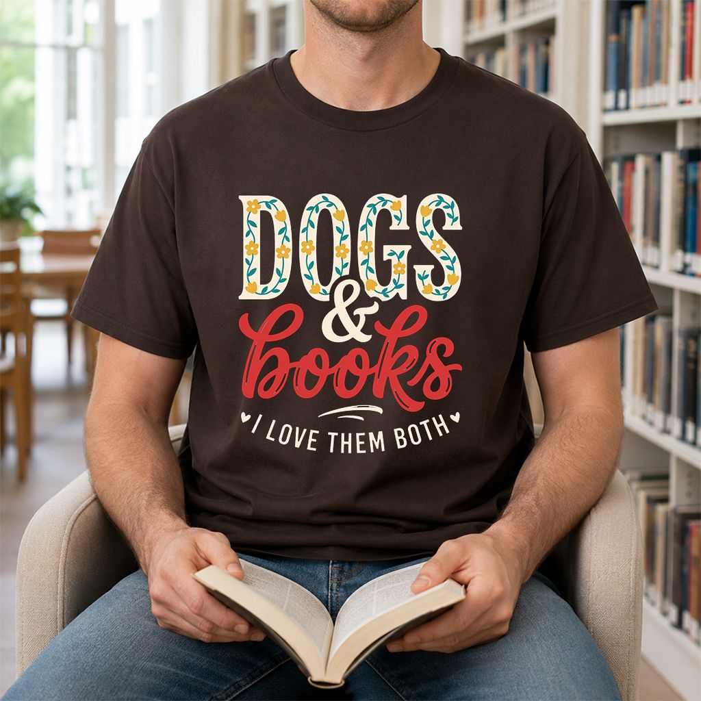 Dogs & Books I Love Them Both Printed T-Shirt | Dog Mom Reader Gift Dark Chocolate