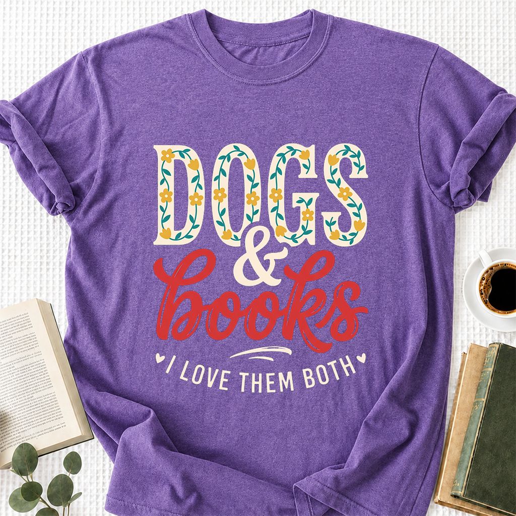 Dogs & Books I Love Them Both Printed T-Shirt | Dog Mom Reader Gift Heather Purple
