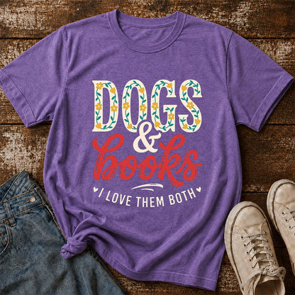 Dogs & Books I Love Them Both Printed T-Shirt | Dog Mom Reader Gift Heather Purple