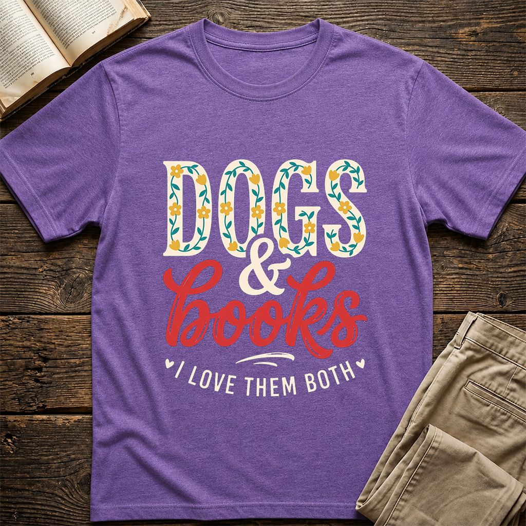 Dogs & Books I Love Them Both Printed T-Shirt | Dog Mom Reader Gift Heather Purple