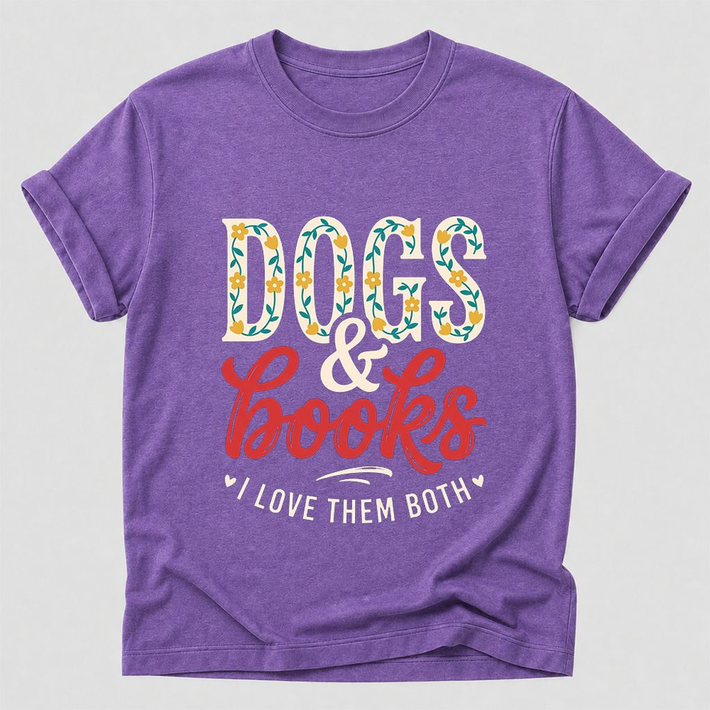 Dogs & Books I Love Them Both Printed T-Shirt | Dog Mom Reader Gift Heather Purple
