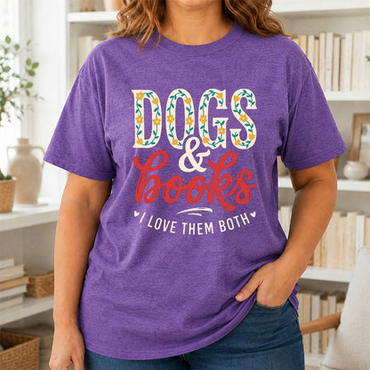 Dogs & Books I Love Them Both Printed T-Shirt | Dog Mom Reader Gift Heather Purple