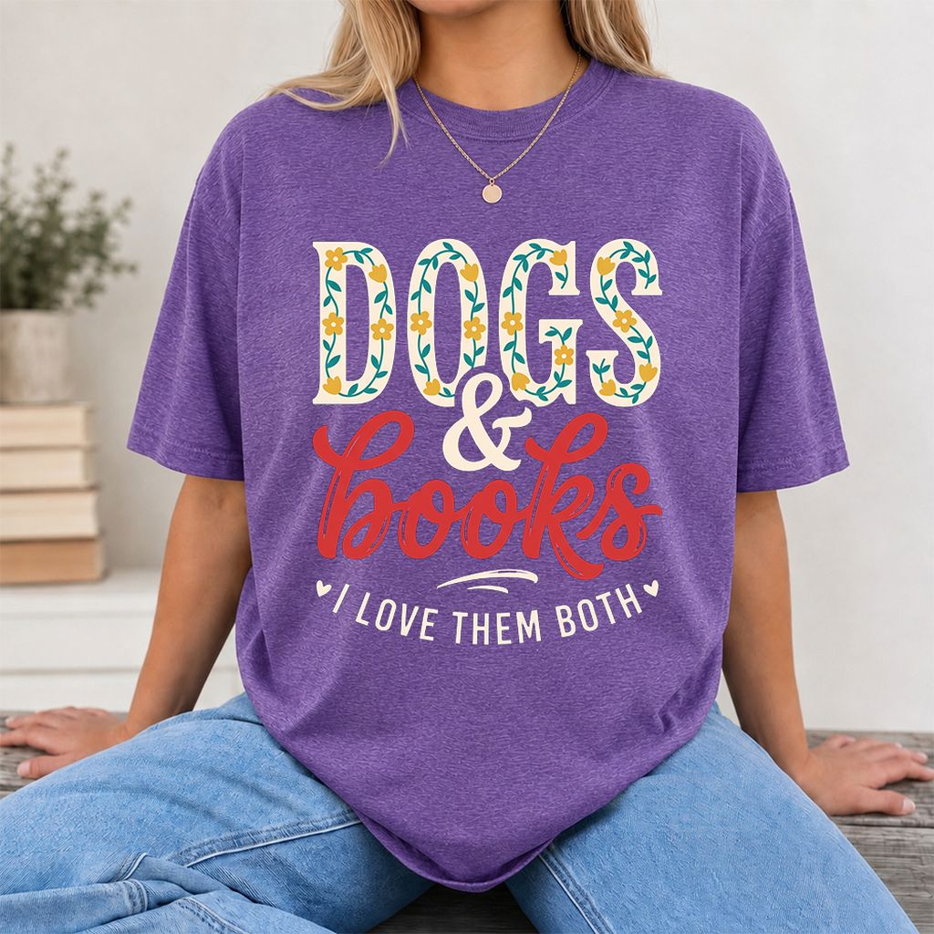 Dogs & Books I Love Them Both Printed T-Shirt | Dog Mom Reader Gift Heather Purple