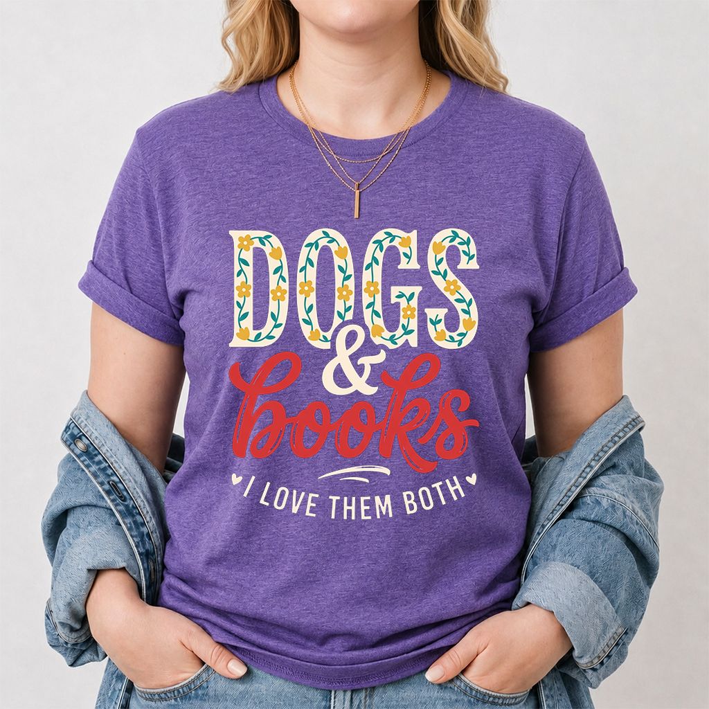 Dogs & Books I Love Them Both Printed T-Shirt | Dog Mom Reader Gift Heather Purple