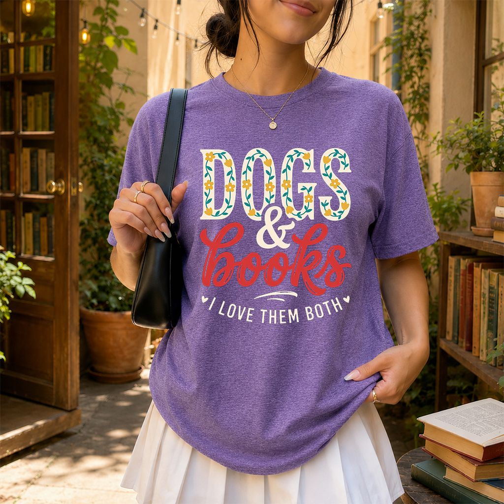 Dogs & Books I Love Them Both Printed T-Shirt | Dog Mom Reader Gift Heather Purple