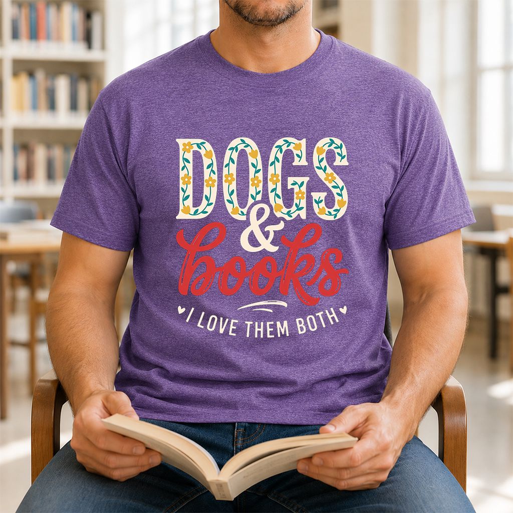 Dogs & Books I Love Them Both Printed T-Shirt | Dog Mom Reader Gift Heather Purple